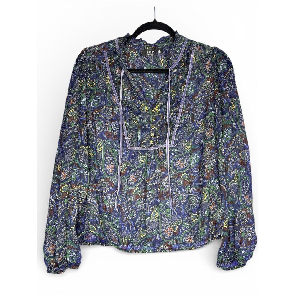 A.N.A. Womens Sz L Sheer Long Sleeve Blouse Paisley Boho Ren Faire Hippie Flowy